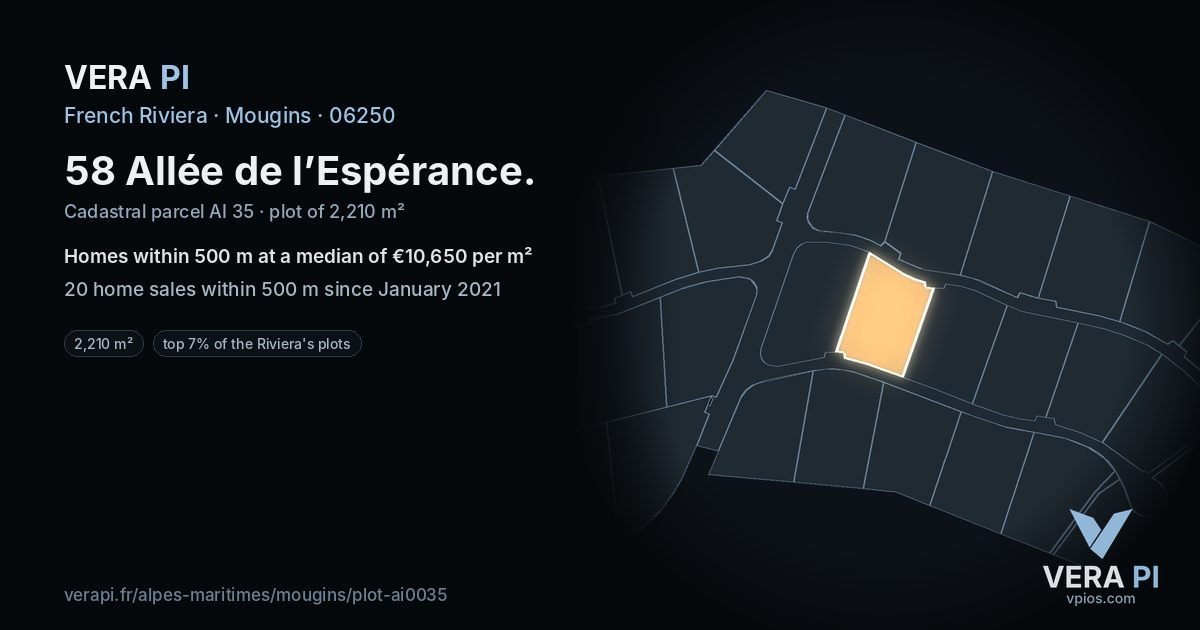 58 Allée de l’Espérance, Mougins at night – the plot lit, the parcels around coloured by the prices near them