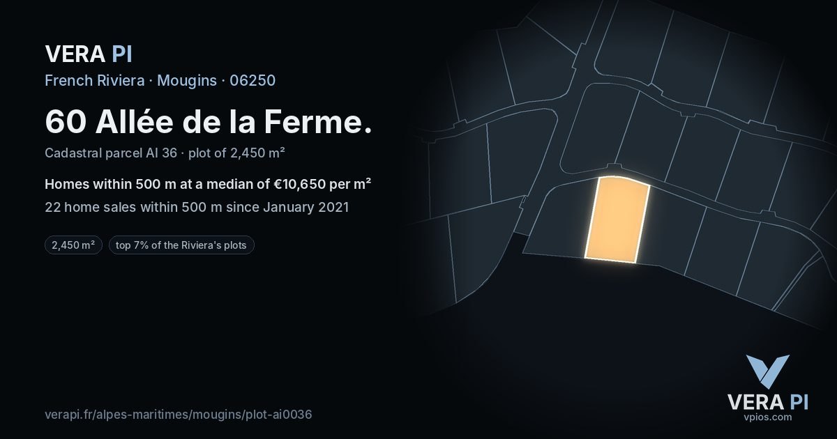 60 Allée de la Ferme, Mougins at night – the plot lit, the parcels around coloured by the prices near them