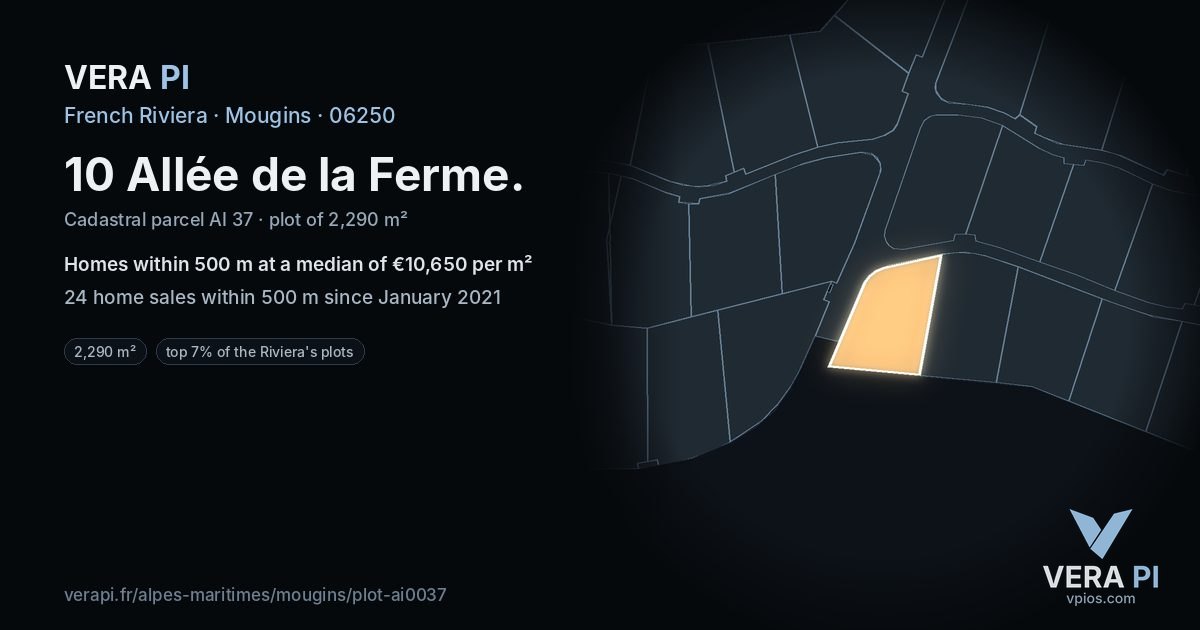 10 Allée de la Ferme, Mougins at night – the plot lit, the parcels around coloured by the prices near them