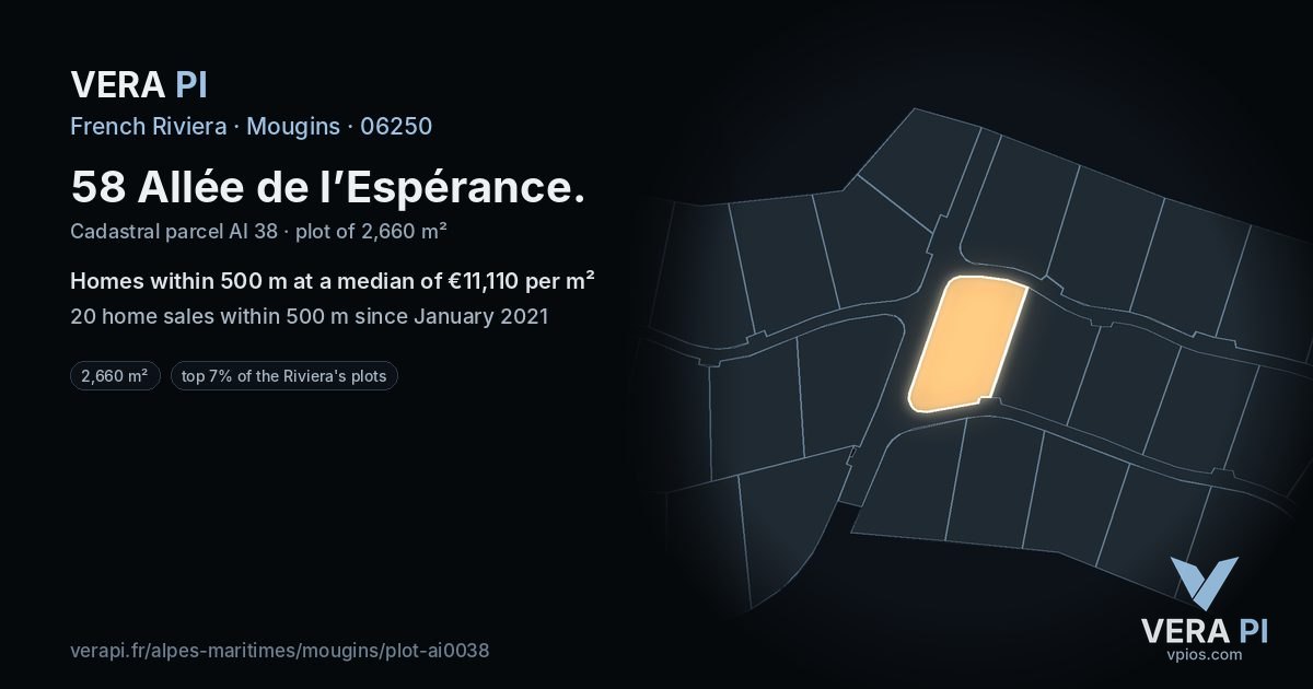58 Allée de l’Espérance, Mougins at night – the plot lit, the parcels around coloured by the prices near them