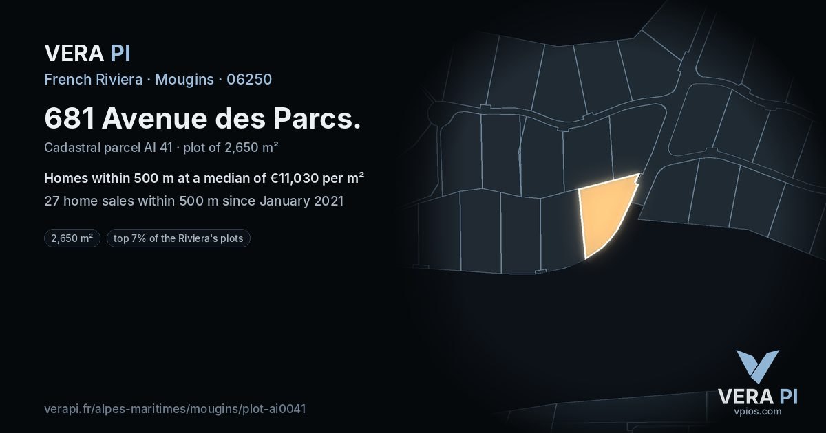681 Avenue des Parcs, Mougins at night – the plot lit, the parcels around coloured by the prices near them