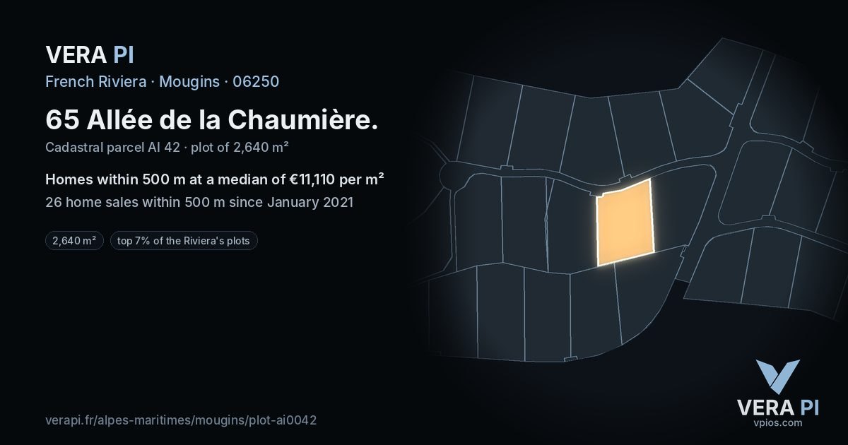 65 Allée de la Chaumière, Mougins at night – the plot lit, the parcels around coloured by the prices near them