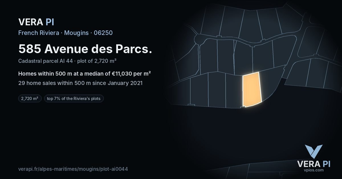 585 Avenue des Parcs, Mougins at night – the plot lit, the parcels around coloured by the prices near them