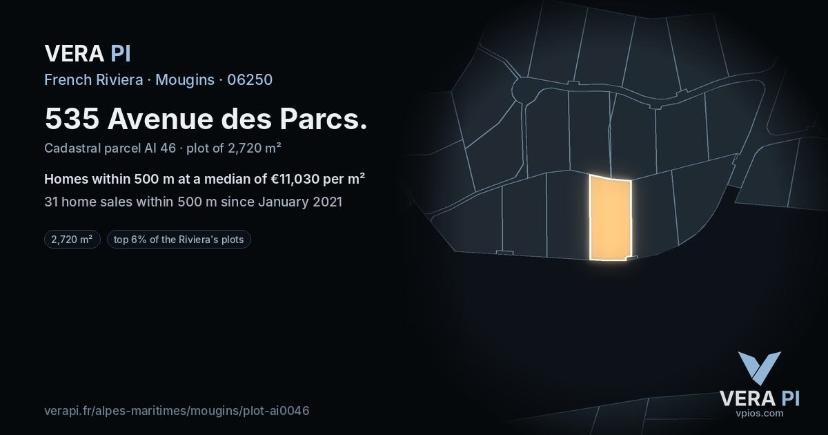 535 Avenue des Parcs, Mougins at night – the plot lit, the parcels around coloured by the prices near them