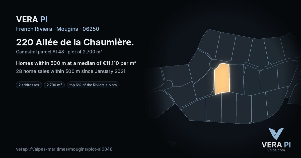220 Allée de la Chaumière, Mougins at night – the plot lit, the parcels around coloured by the prices near them