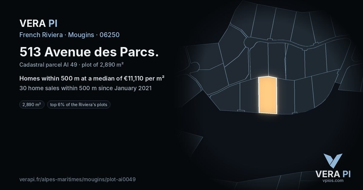 513 Avenue des Parcs, Mougins at night – the plot lit, the parcels around coloured by the prices near them