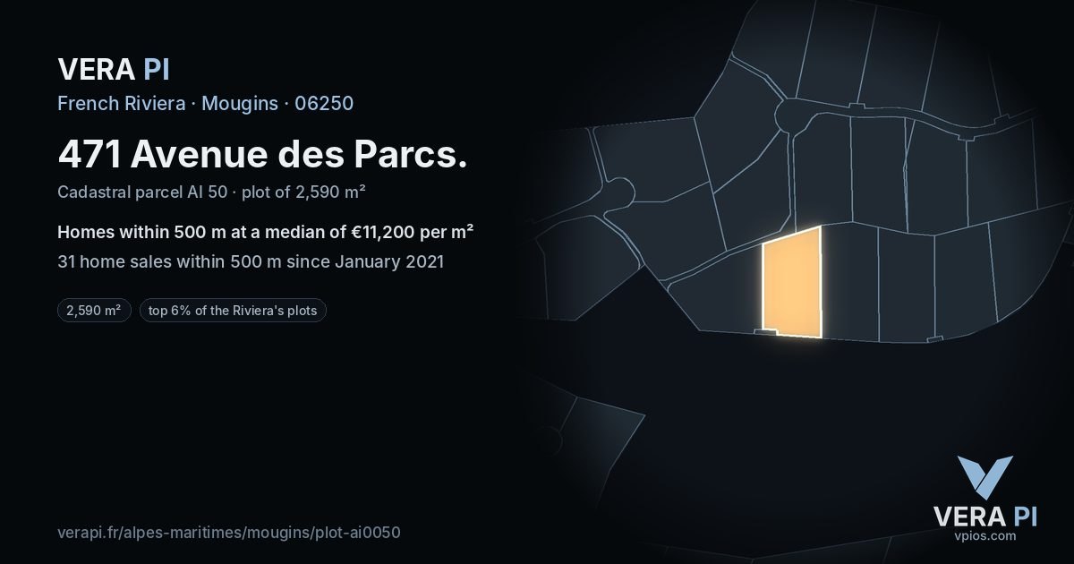 471 Avenue des Parcs, Mougins at night – the plot lit, the parcels around coloured by the prices near them