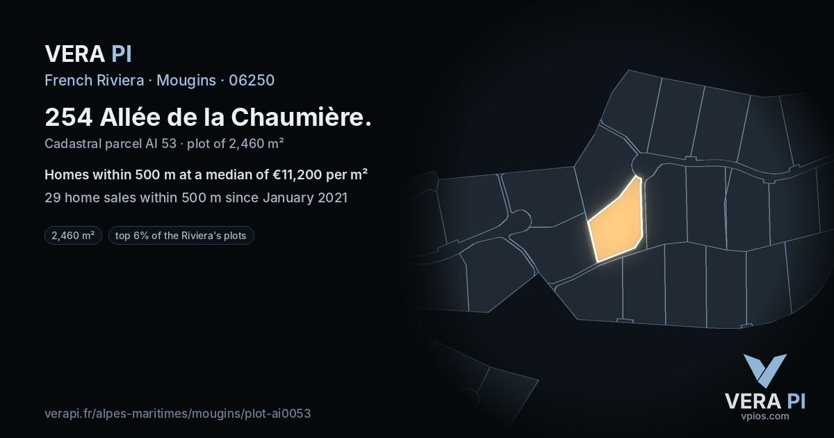 254 Allée de la Chaumière, Mougins at night – the plot lit, the parcels around coloured by the prices near them