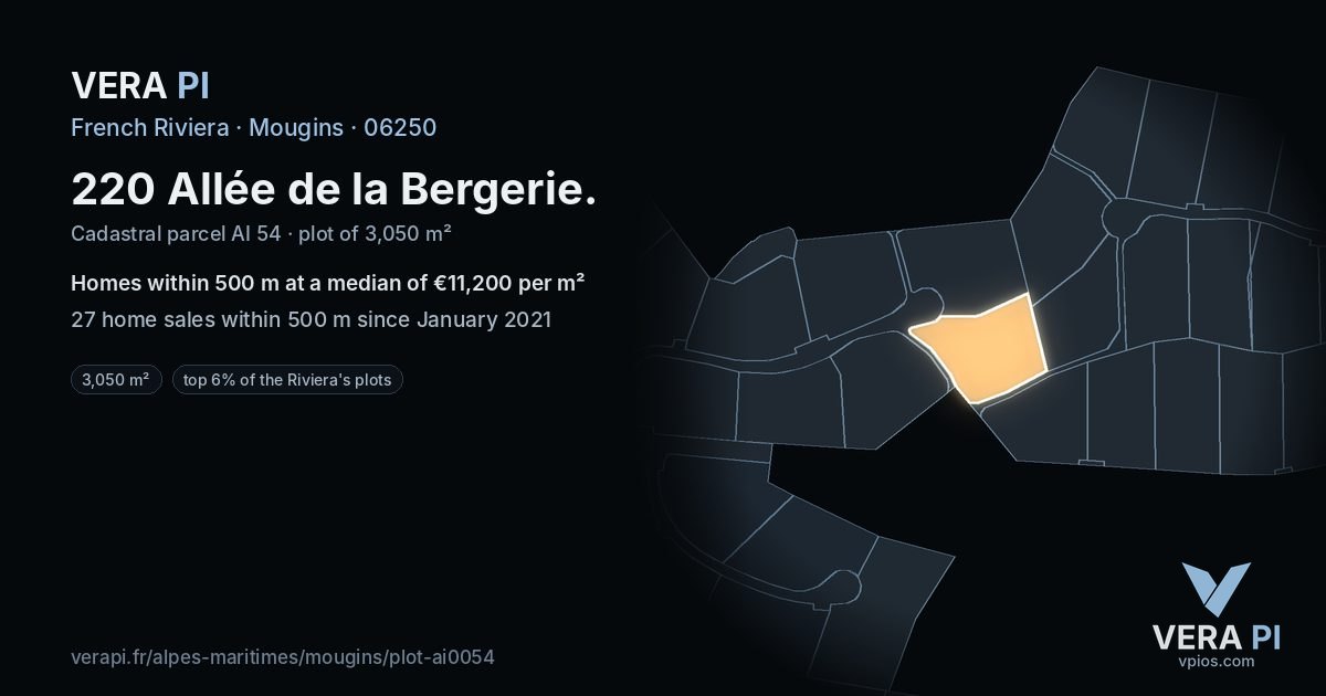 220 Allée de la Bergerie, Mougins at night – the plot lit, the parcels around coloured by the prices near them