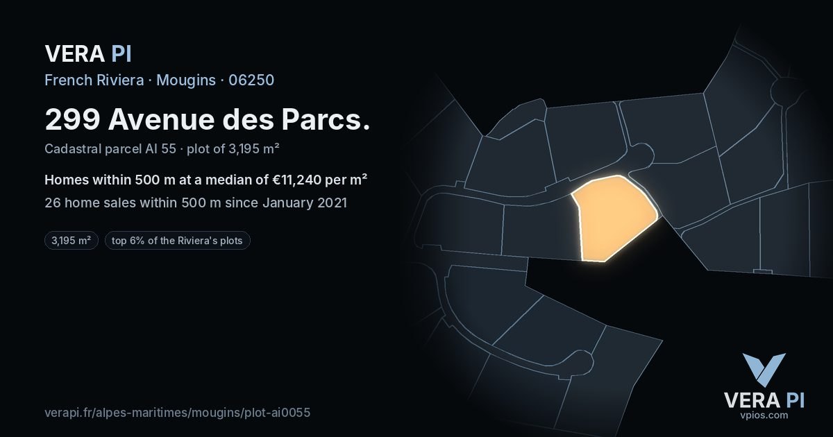 299 Avenue des Parcs, Mougins at night – the plot lit, the parcels around coloured by the prices near them