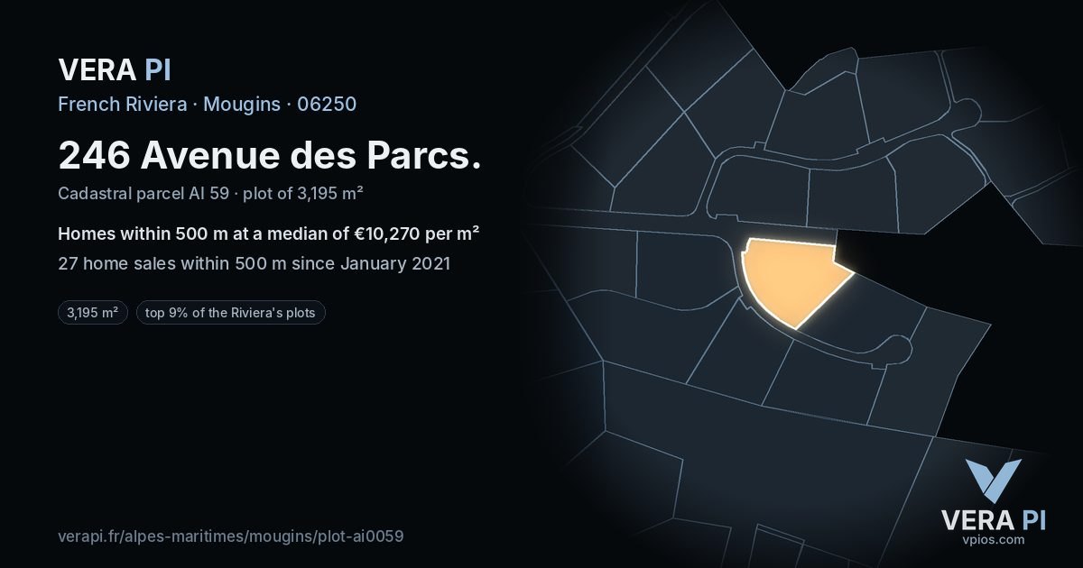 246 Avenue des Parcs, Mougins at night – the plot lit, the parcels around coloured by the prices near them