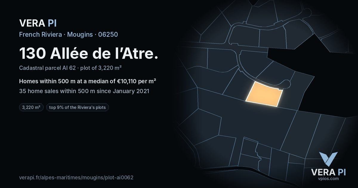 130 Allée de l’Atre, Mougins at night – the plot lit, the parcels around coloured by the prices near them