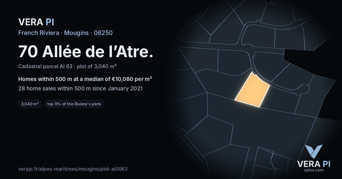 70 Allée de l’Atre, Mougins at night – the plot lit, the parcels around coloured by the prices near them