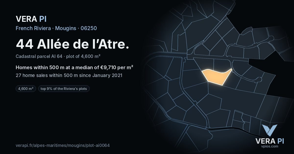 44 Allée de l’Atre, Mougins at night – the plot lit, the parcels around coloured by the prices near them