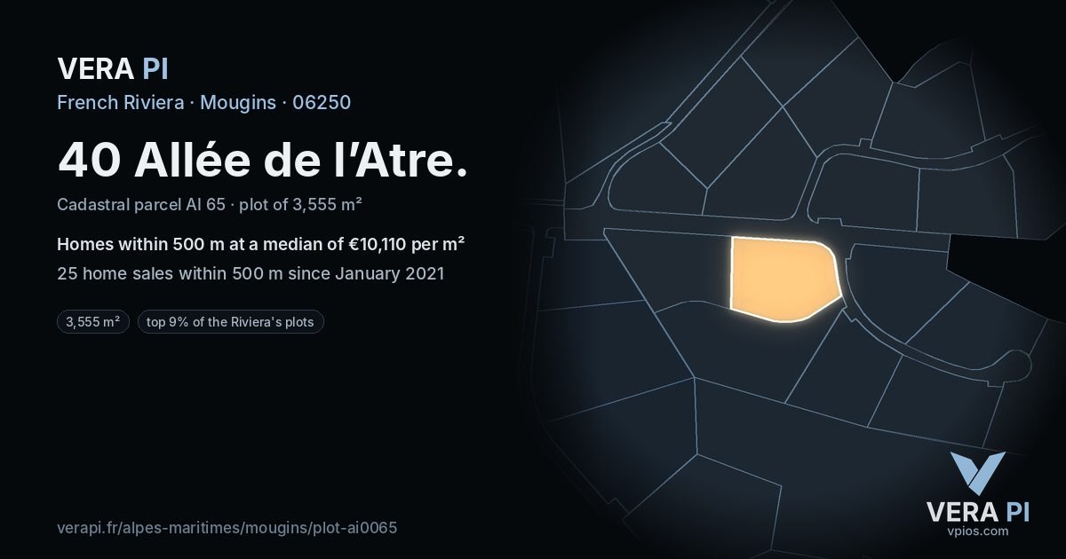 40 Allée de l’Atre, Mougins at night – the plot lit, the parcels around coloured by the prices near them