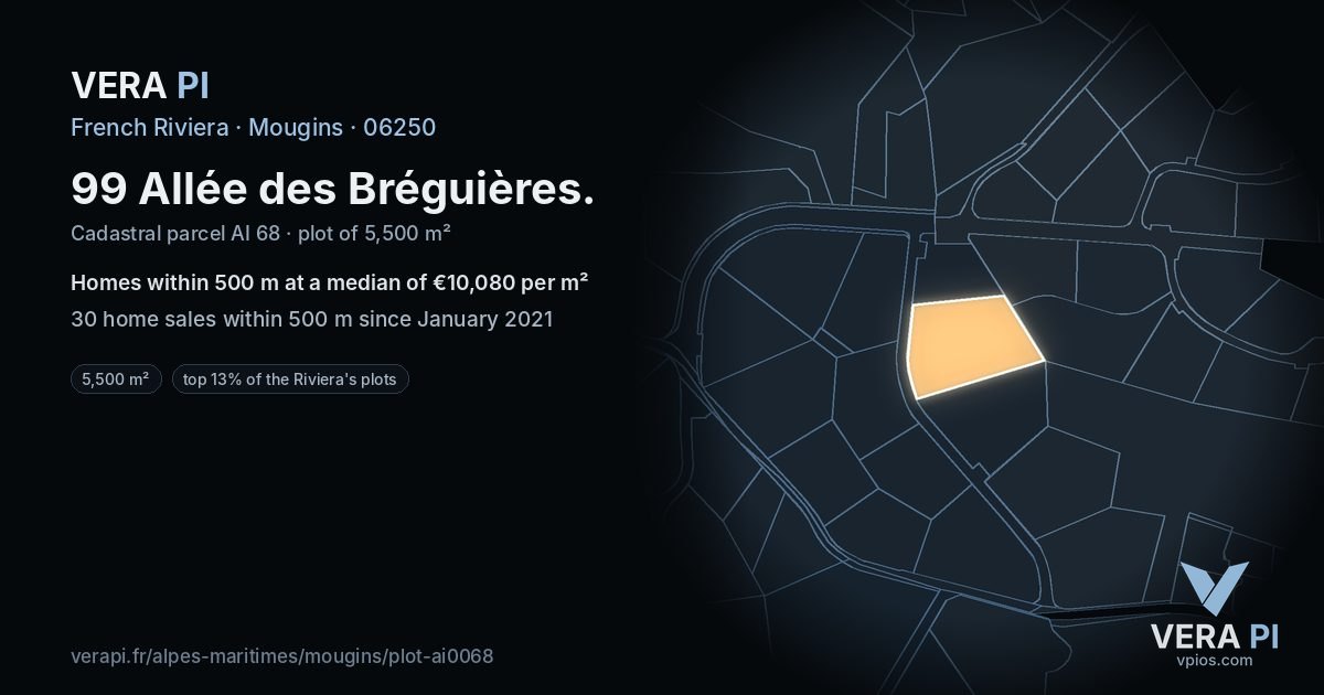 99 Allée des Bréguières, Mougins at night – the plot lit, the parcels around coloured by the prices near them