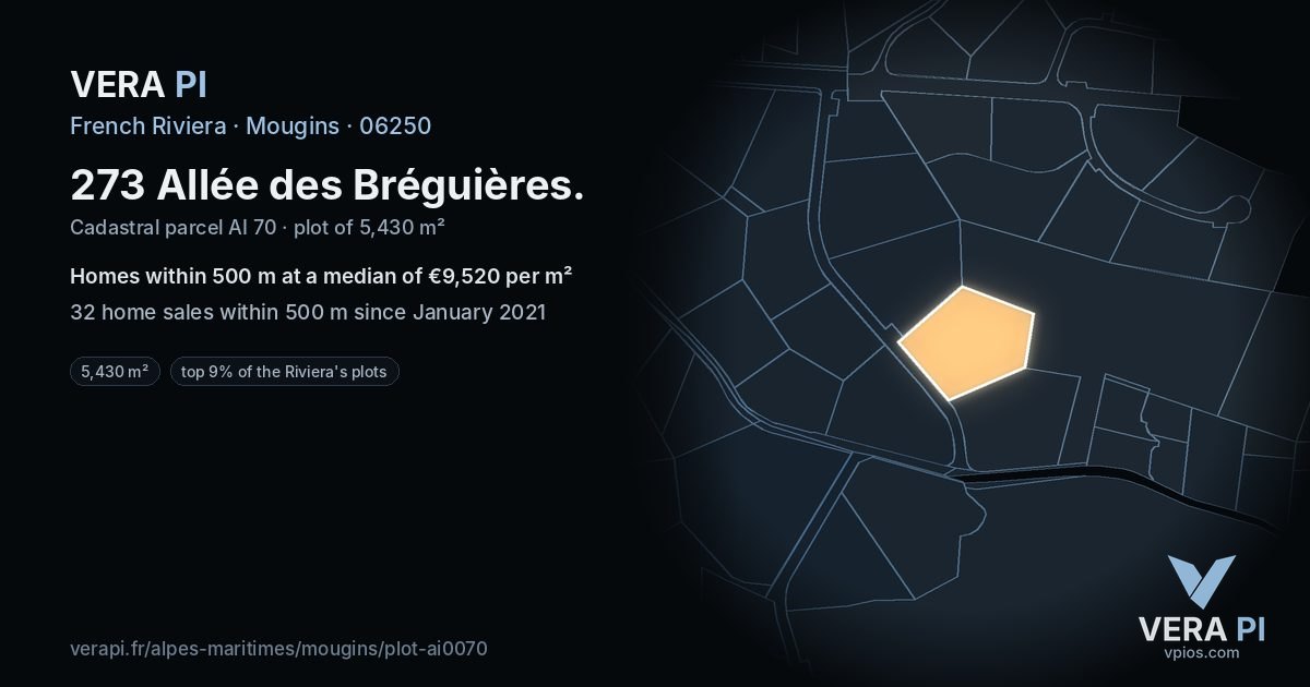 273 Allée des Bréguières, Mougins at night – the plot lit, the parcels around coloured by the prices near them