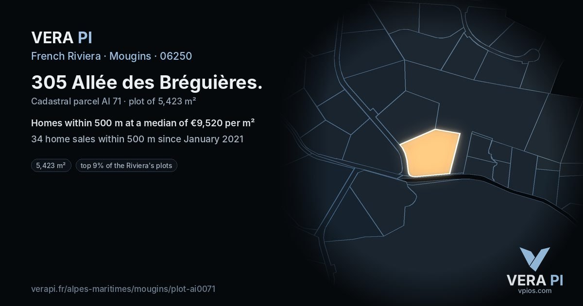 305 Allée des Bréguières, Mougins at night – the plot lit, the parcels around coloured by the prices near them