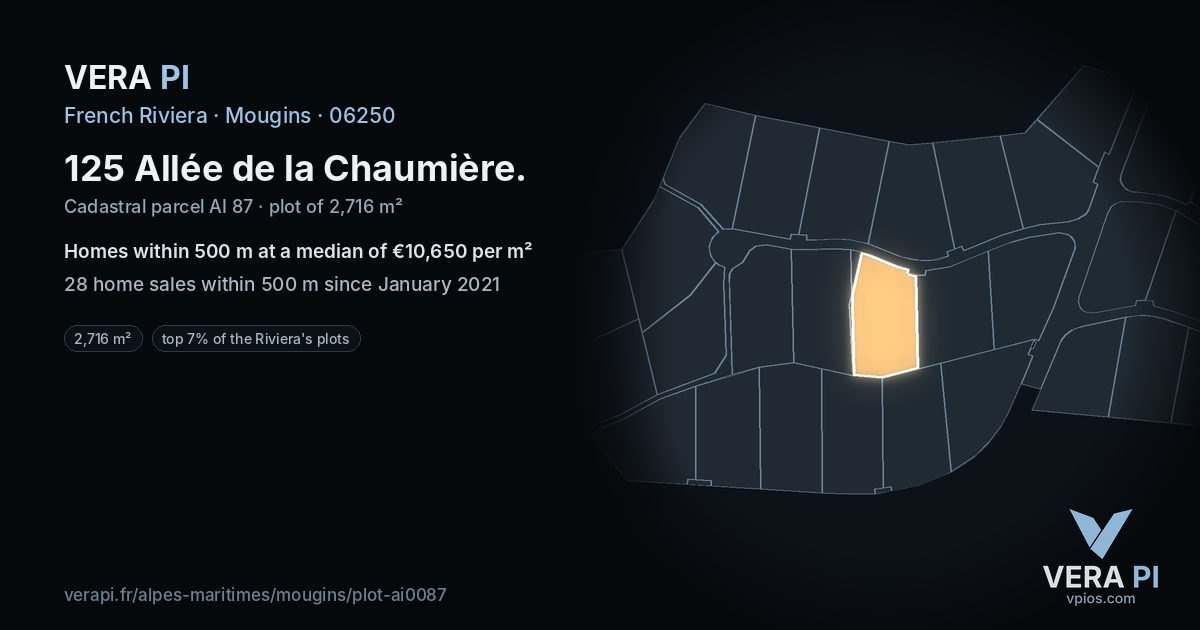 125 Allée de la Chaumière, Mougins at night – the plot lit, the parcels around coloured by the prices near them