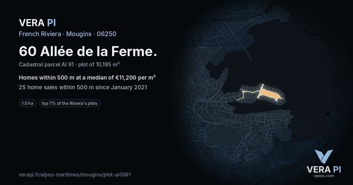 60 Allée de la Ferme, Mougins at night – the plot lit, the parcels around coloured by the prices near them