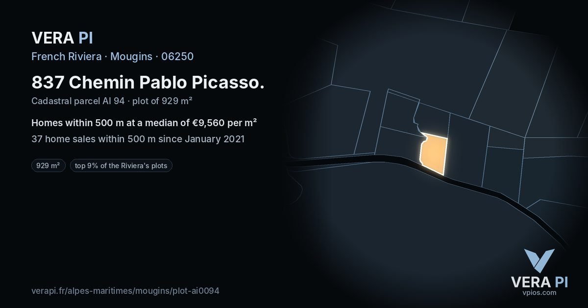 837 Chemin Pablo Picasso, Mougins at night – the plot lit, the parcels around coloured by the prices near them