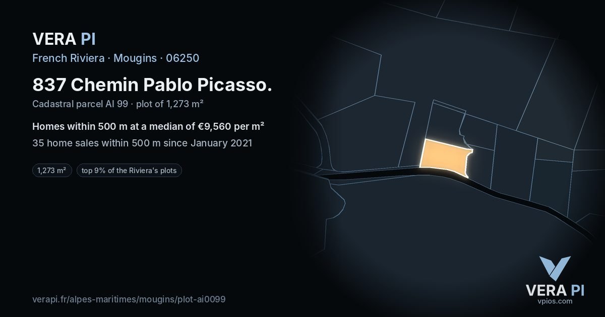 837 Chemin Pablo Picasso, Mougins at night – the plot lit, the parcels around coloured by the prices near them