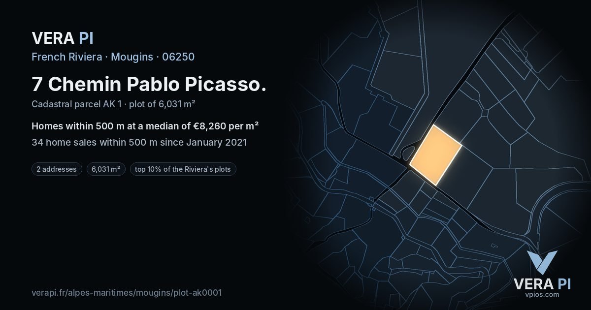 7 Chemin Pablo Picasso, Mougins at night – the plot lit, the parcels around coloured by the prices near them