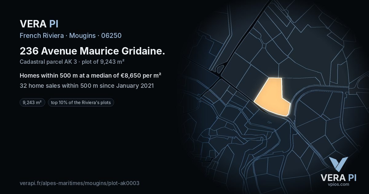 236 Avenue Maurice Gridaine, Mougins at night – the plot lit, the parcels around coloured by the prices near them