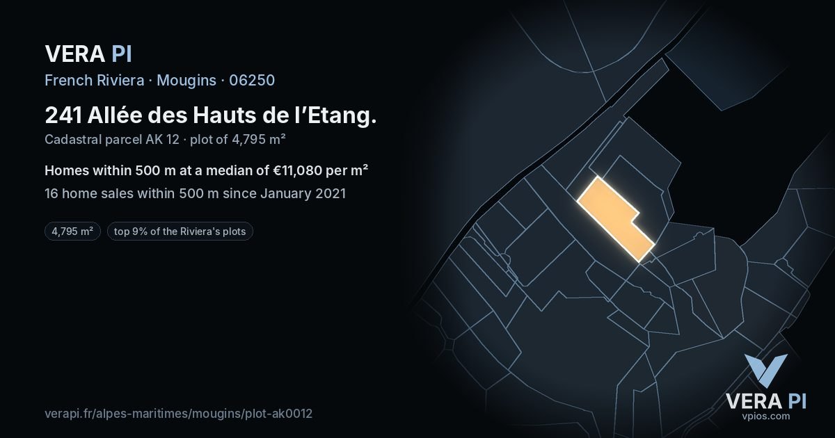 241 Allée des Hauts de l’Etang, Mougins at night – the plot lit, the parcels around coloured by the prices near them