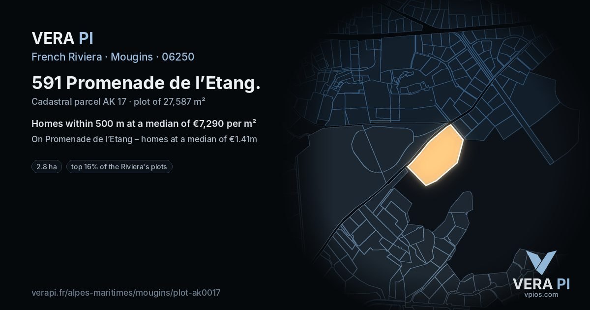 591 Promenade de l’Etang, Mougins at night – the plot lit, the parcels around coloured by the prices near them