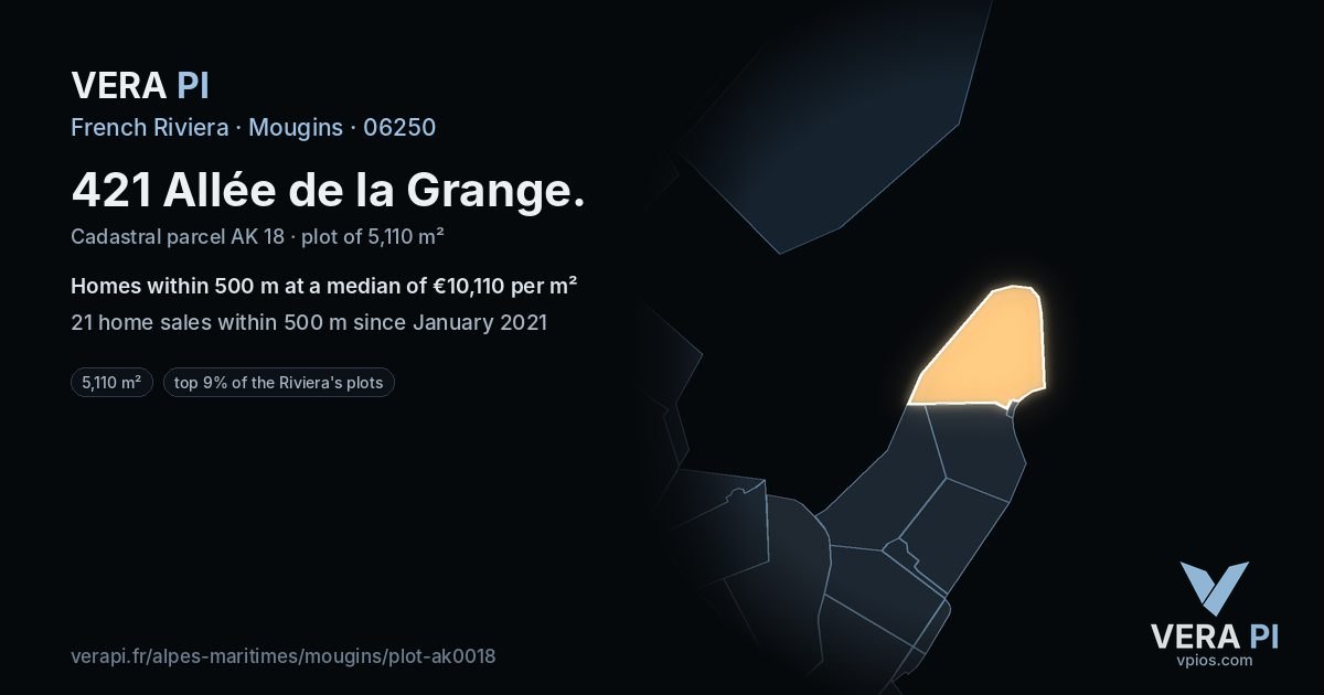 421 Allée de la Grange, Mougins at night – the plot lit, the parcels around coloured by the prices near them