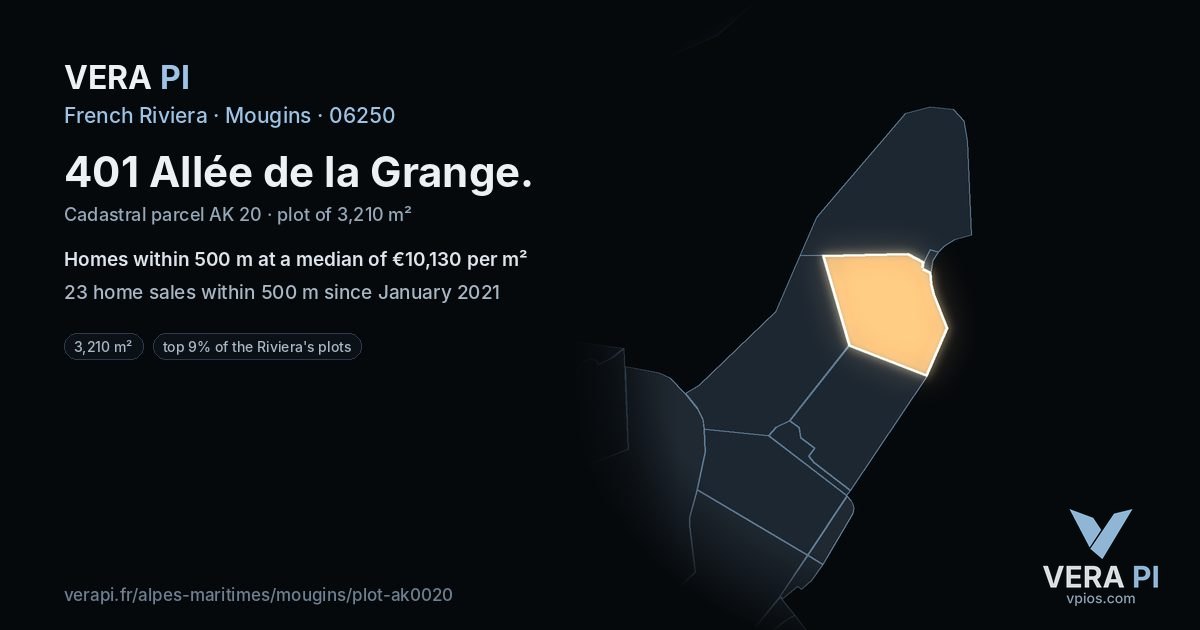 401 Allée de la Grange, Mougins at night – the plot lit, the parcels around coloured by the prices near them