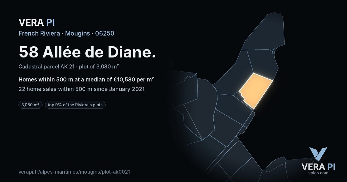 58 Allée de Diane, Mougins at night – the plot lit, the parcels around coloured by the prices near them