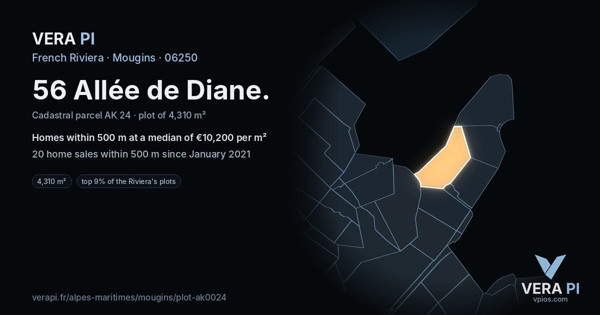 56 Allée de Diane, Mougins at night – the plot lit, the parcels around coloured by the prices near them