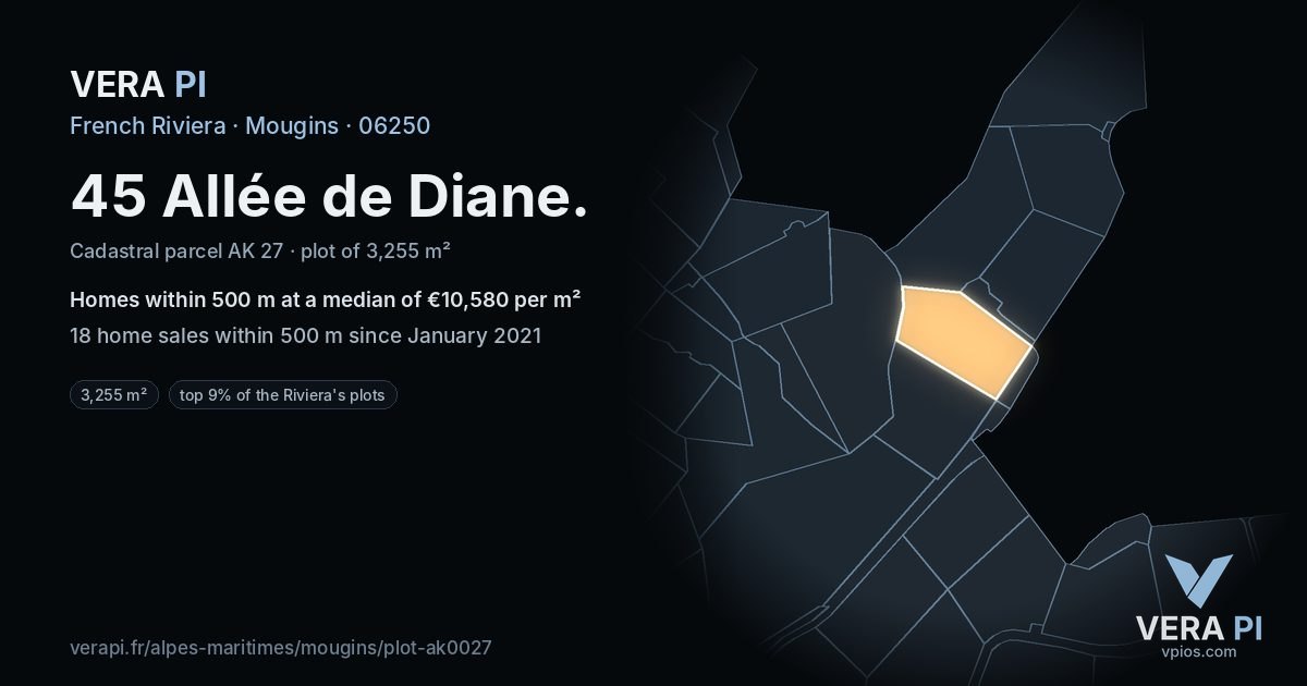 45 Allée de Diane, Mougins at night – the plot lit, the parcels around coloured by the prices near them