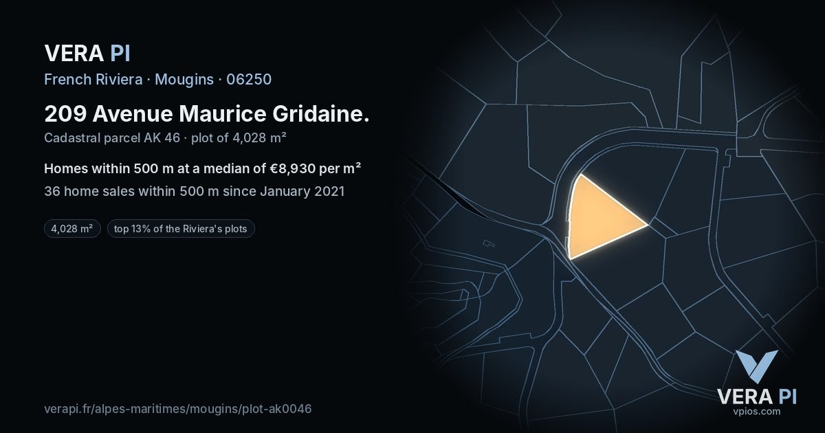 209 Avenue Maurice Gridaine, Mougins at night – the plot lit, the parcels around coloured by the prices near them