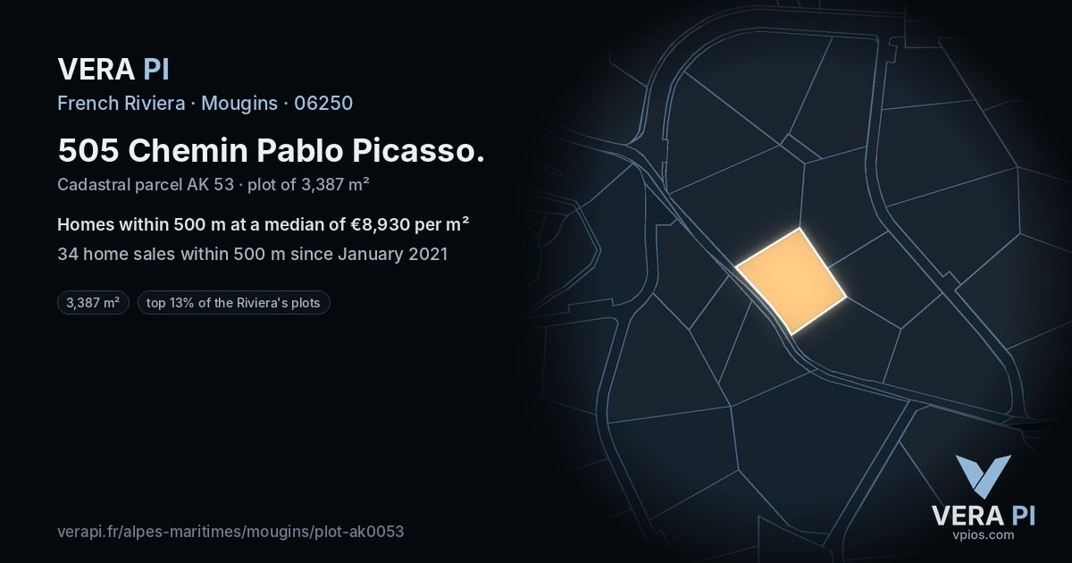 505 Chemin Pablo Picasso, Mougins at night – the plot lit, the parcels around coloured by the prices near them