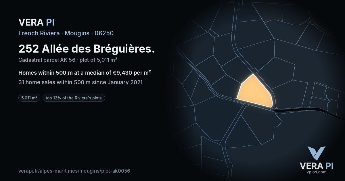 252 Allée des Bréguières, Mougins at night – the plot lit, the parcels around coloured by the prices near them