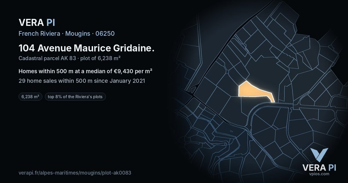 104 Avenue Maurice Gridaine, Mougins at night – the plot lit, the parcels around coloured by the prices near them