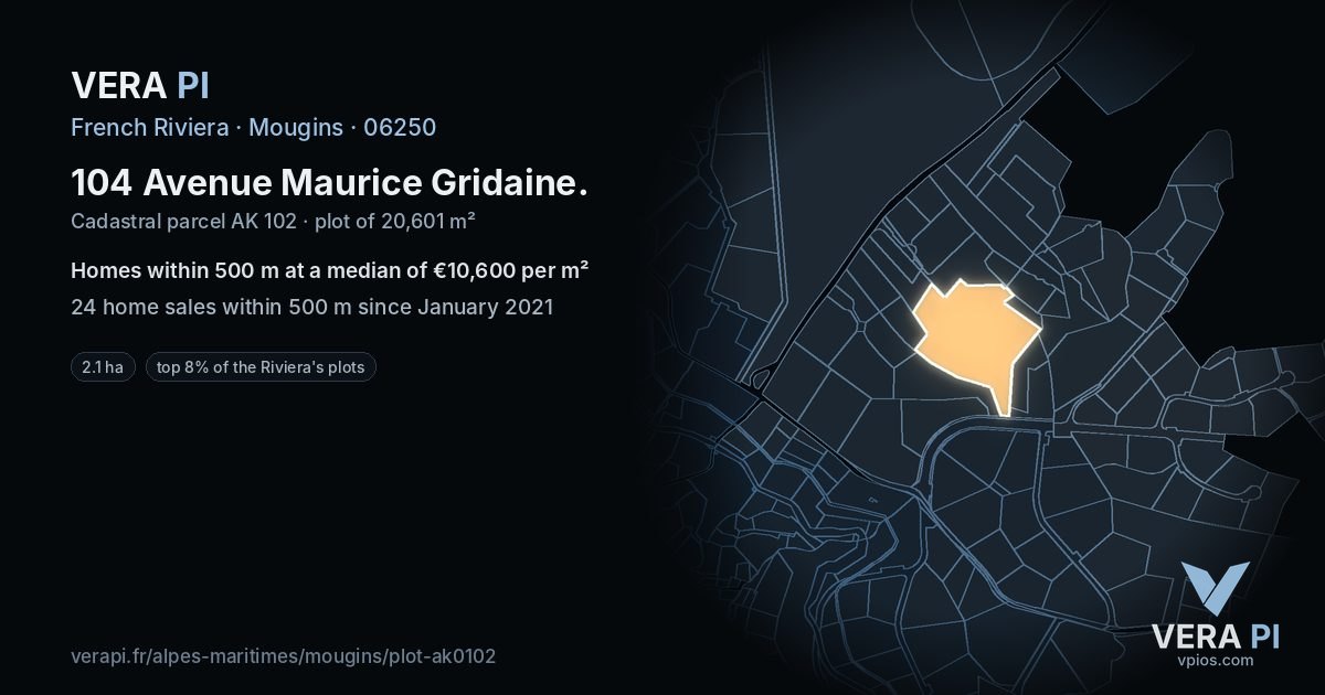 104 Avenue Maurice Gridaine, Mougins at night – the plot lit, the parcels around coloured by the prices near them