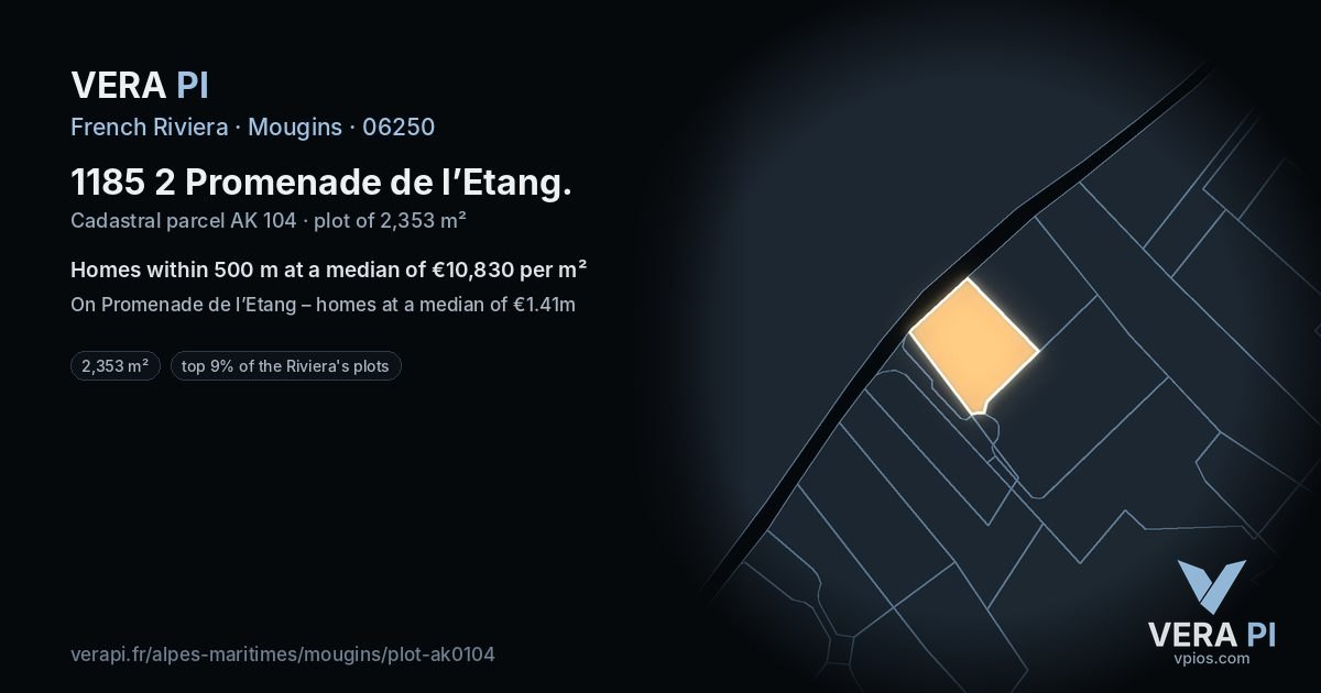 1185 2 Promenade de l’Etang, Mougins at night – the plot lit, the parcels around coloured by the prices near them
