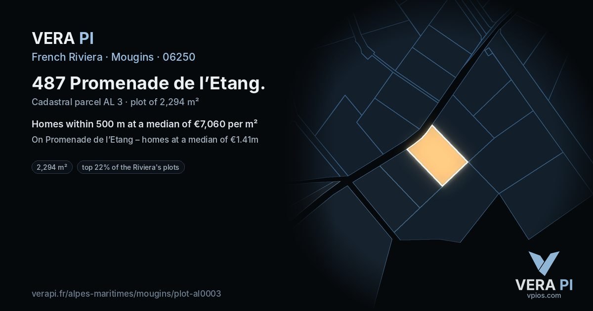 487 Promenade de l’Etang, Mougins at night – the plot lit, the parcels around coloured by the prices near them