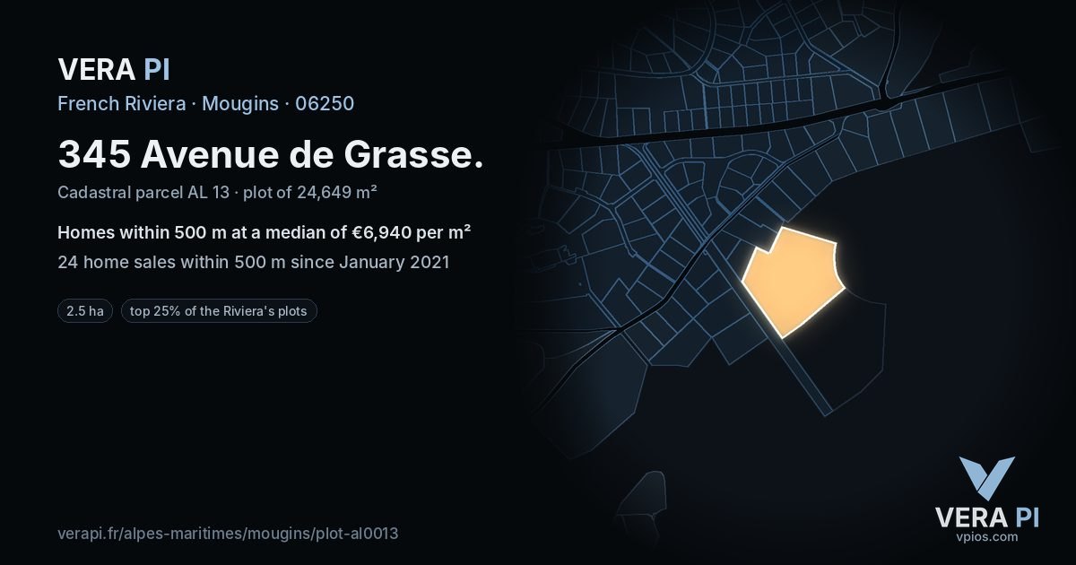 345 Avenue de Grasse, Mougins at night – the plot lit, the parcels around coloured by the prices near them