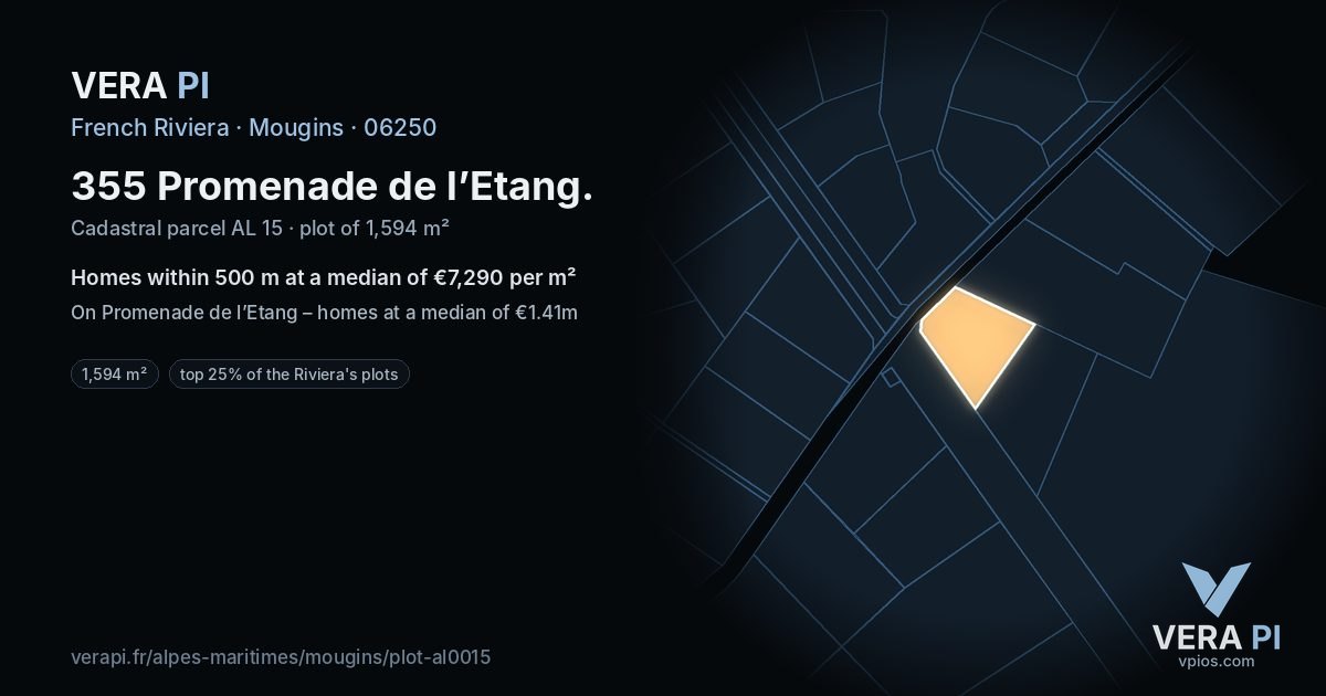 355 Promenade de l’Etang, Mougins at night – the plot lit, the parcels around coloured by the prices near them