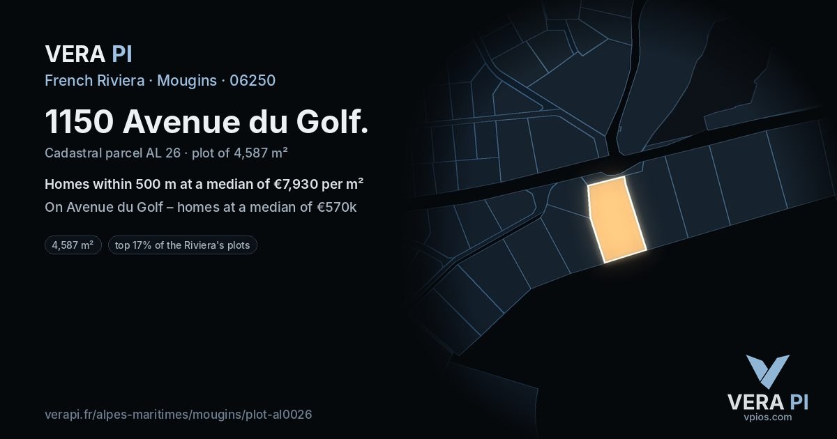 1150 Avenue du Golf, Mougins at night – the plot lit, the parcels around coloured by the prices near them