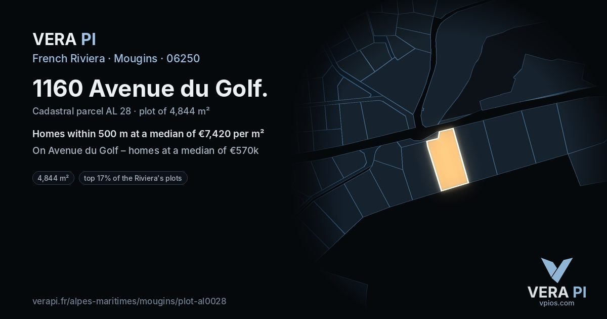 1160 Avenue du Golf, Mougins at night – the plot lit, the parcels around coloured by the prices near them