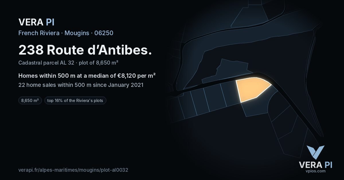 238 Route d’Antibes, Mougins at night – the plot lit, the parcels around coloured by the prices near them