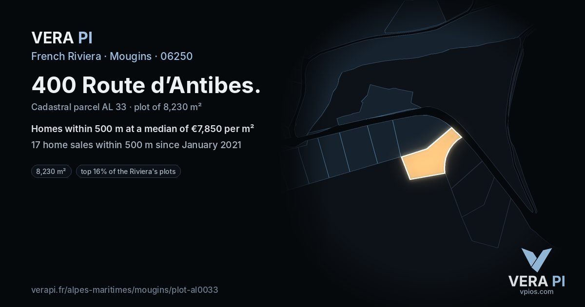 400 Route d’Antibes, Mougins at night – the plot lit, the parcels around coloured by the prices near them