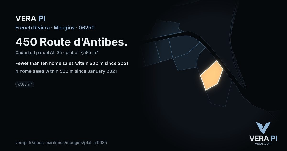 450 Route d’Antibes, Mougins at night – the plot lit, the parcels around coloured by the prices near them