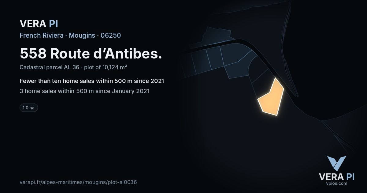 558 Route d’Antibes, Mougins at night – the plot lit, the parcels around coloured by the prices near them